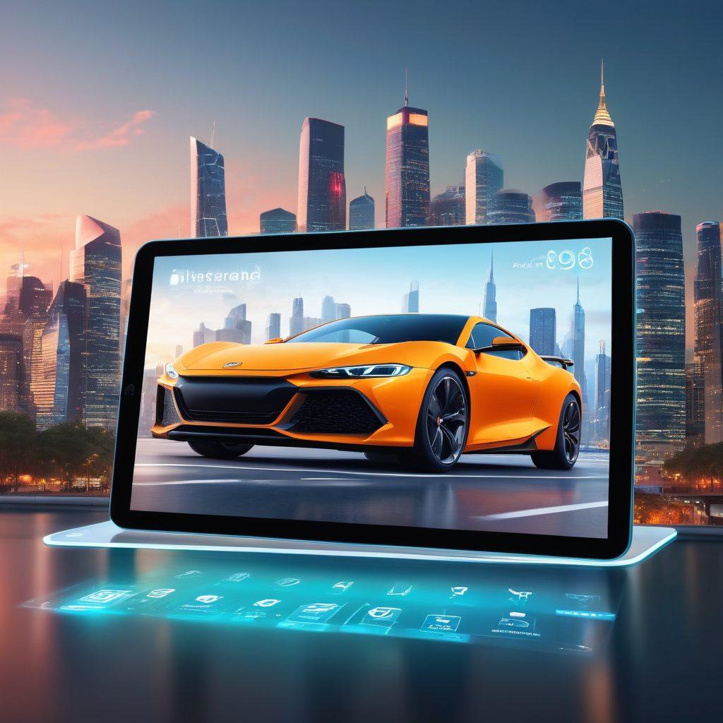 A futuristic digital landscape showcasing a user-friendly e-insurance platform on a sleek tablet, surrounded by floating icons of various insurance types (car, health, home). In the background, a city skyline represents innovation and modern technology, while cheerful people interact with the app displaying graphs and claims processing. Bright colors capture a sense of optimism and transformation. super-realistic. vibrant colors. 3D.