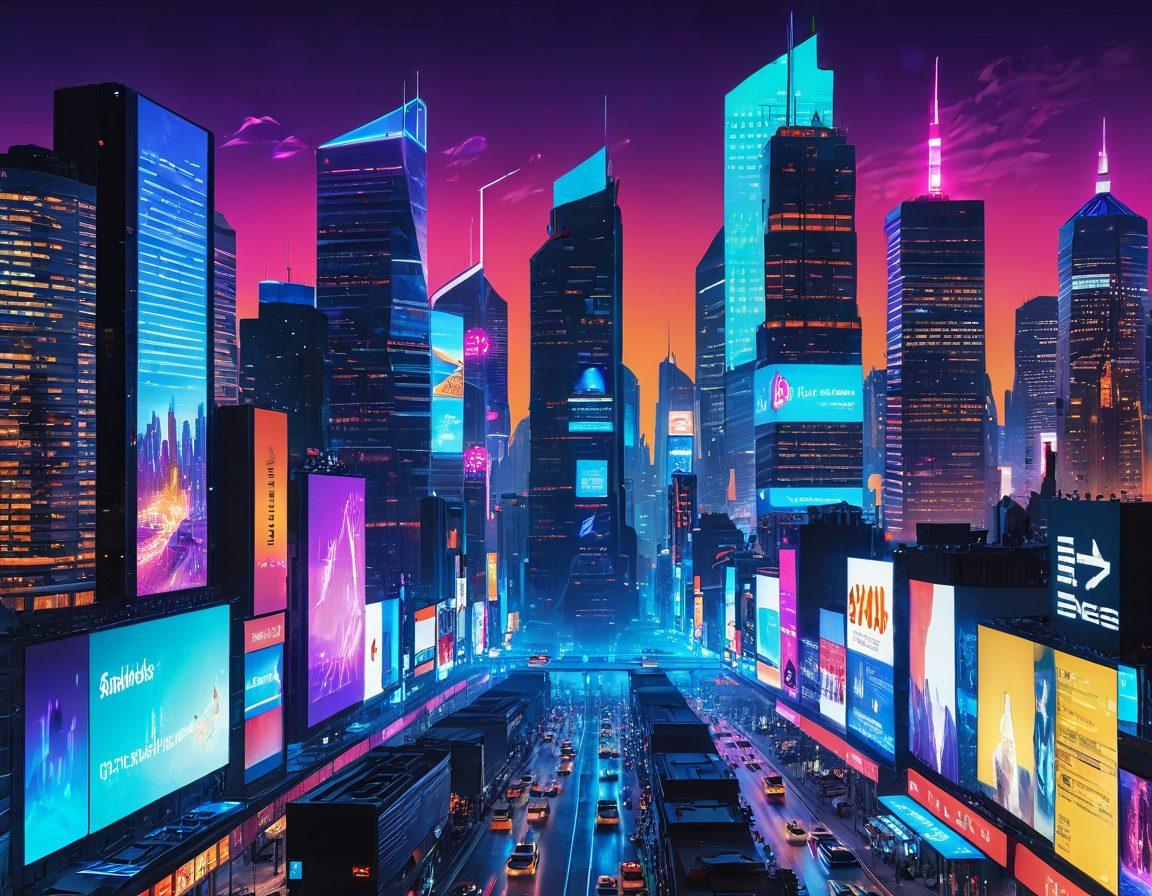A futuristic city skyline with digital billboards showcasing web-based insurance solutions, surrounded by people using mobile devices to navigate their insurance options. Include icons representing various types of coverage like health, auto, and home insurance floating in the air. The scene should exude a sense of innovation and technology, blending human interaction with digital interfaces. vibrant colors. cyberpunk.